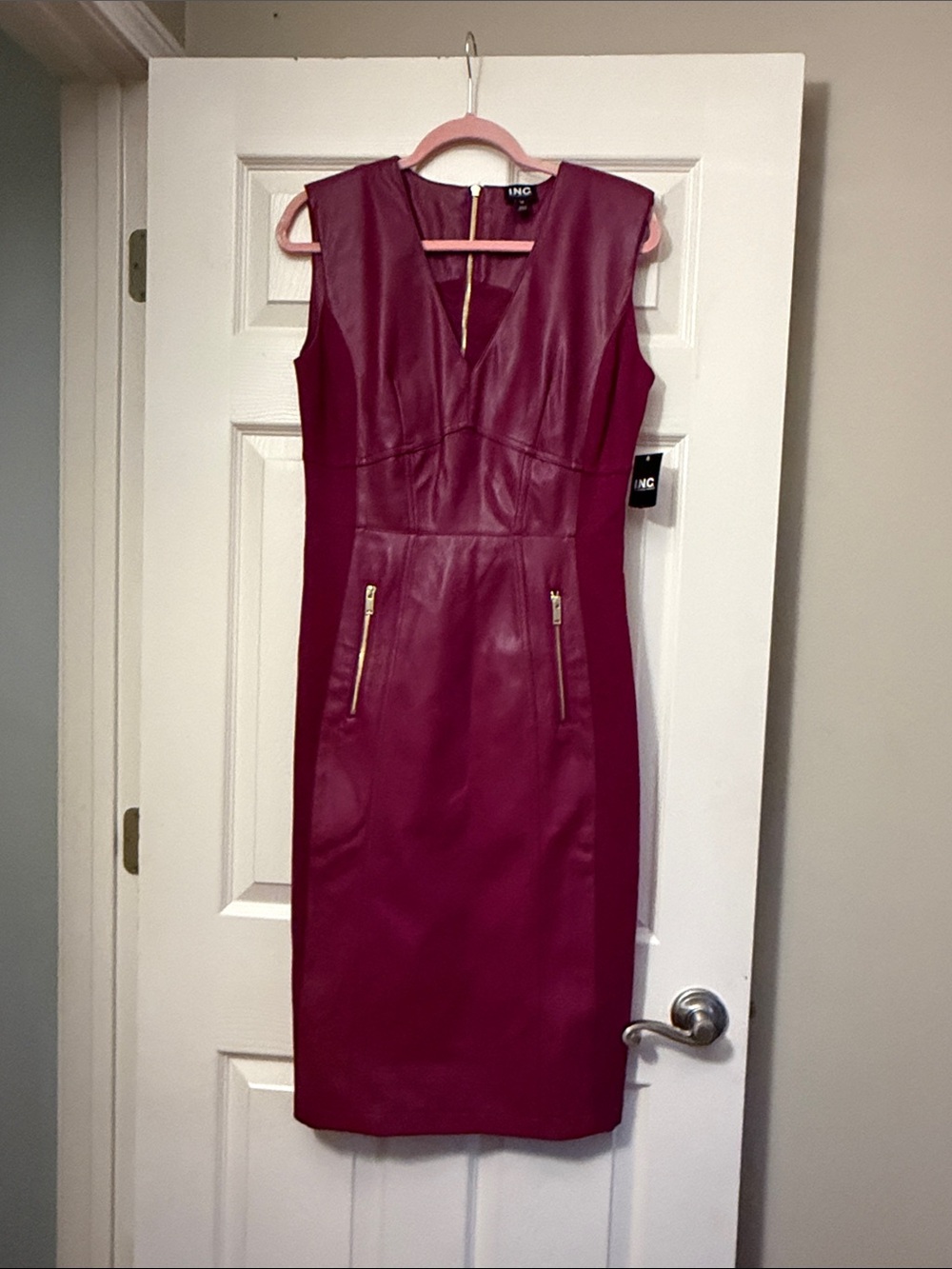 INC International Concepts Faux-Leather Sheath Dress in Berry Wine